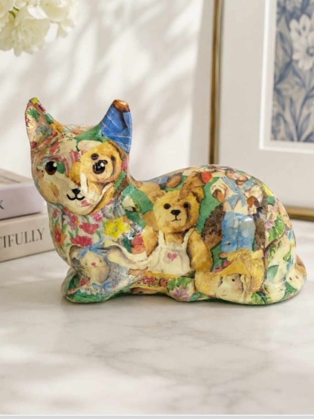 Lionel Decoupage Cat Figurine Collage Pastel Colors Handmade Canada Teddy Bears